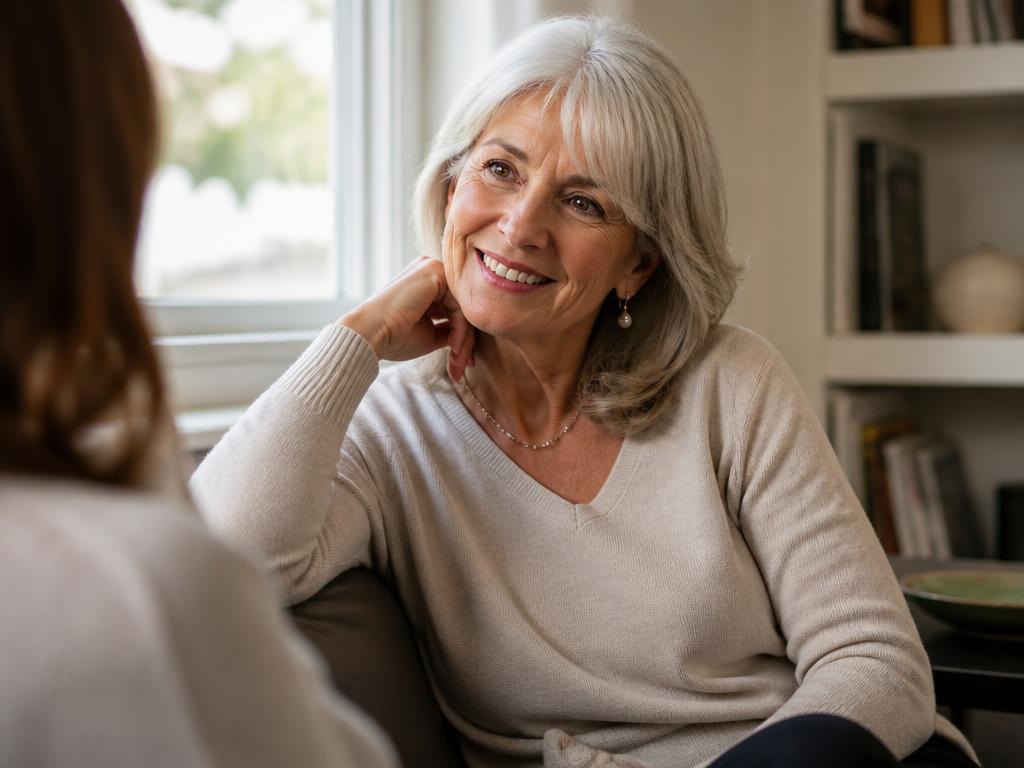 Woman listening attentively during a conversation at home