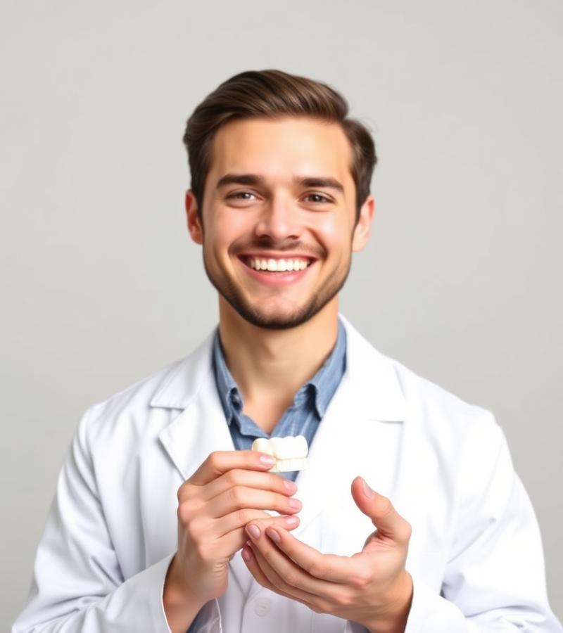 Smiling dentist holding a dental model